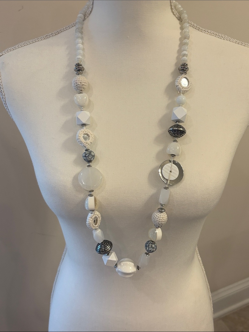 Chico's Elegant Long White and Silver Mixed Bead Statement Necklace
